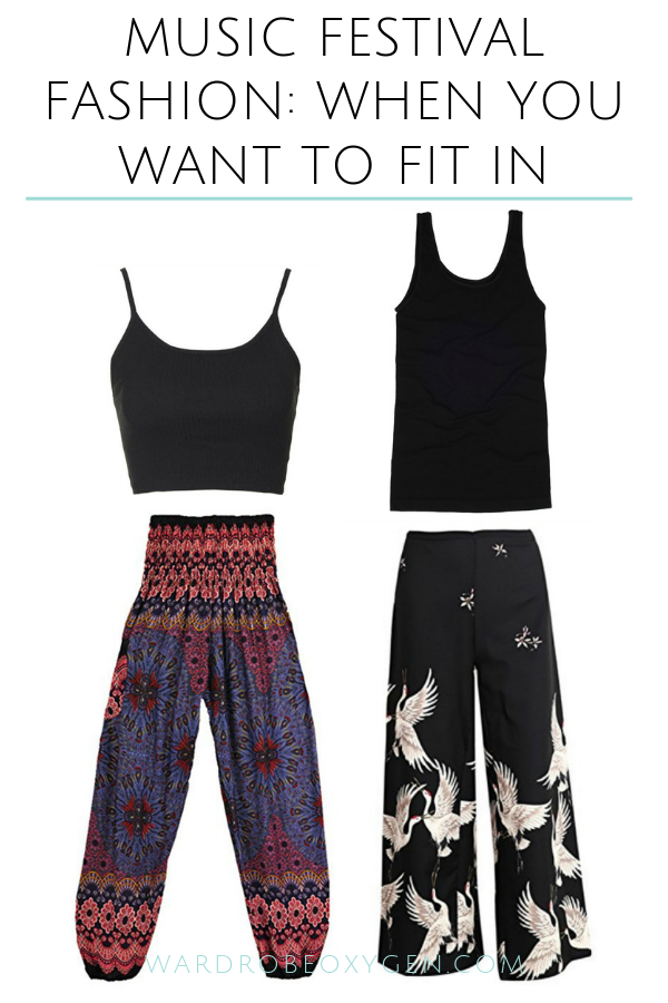 Image is of two black tank tops paired with two pairs of printed long pants and above it is the text of what to wear to a music festival when you want to fit in