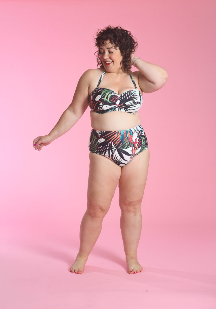 image of Wardrobe Oxygen wearing Bali Palm Underwire Bandeau bikini top from Figleaves and high waist tummy control bikini brief