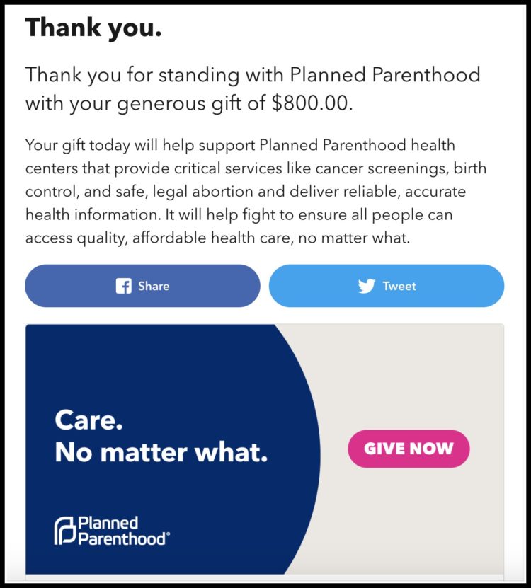 screenshot of the thank you page at planned parenthood after making a donation