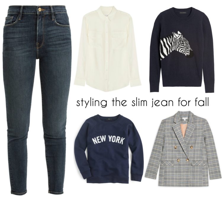 collage of a pair of slim jeans with a cream silk blouse, a black sweater with a zebra on it, a navy sweatshirt that says New York, and a gray double breasted plaid blazer