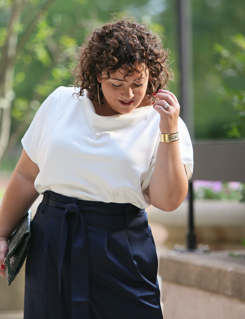 Wardrobe Oxygen in the Universal Standard Tresa Wide Leg pants and Viva Boatneck with Jenny Bird jewelry and a Clare V. Foldover Clutch