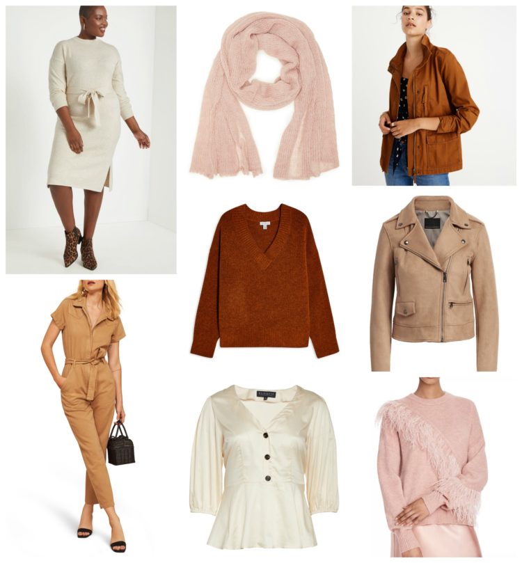 collage of clothing in shades of blush, clay, and camel