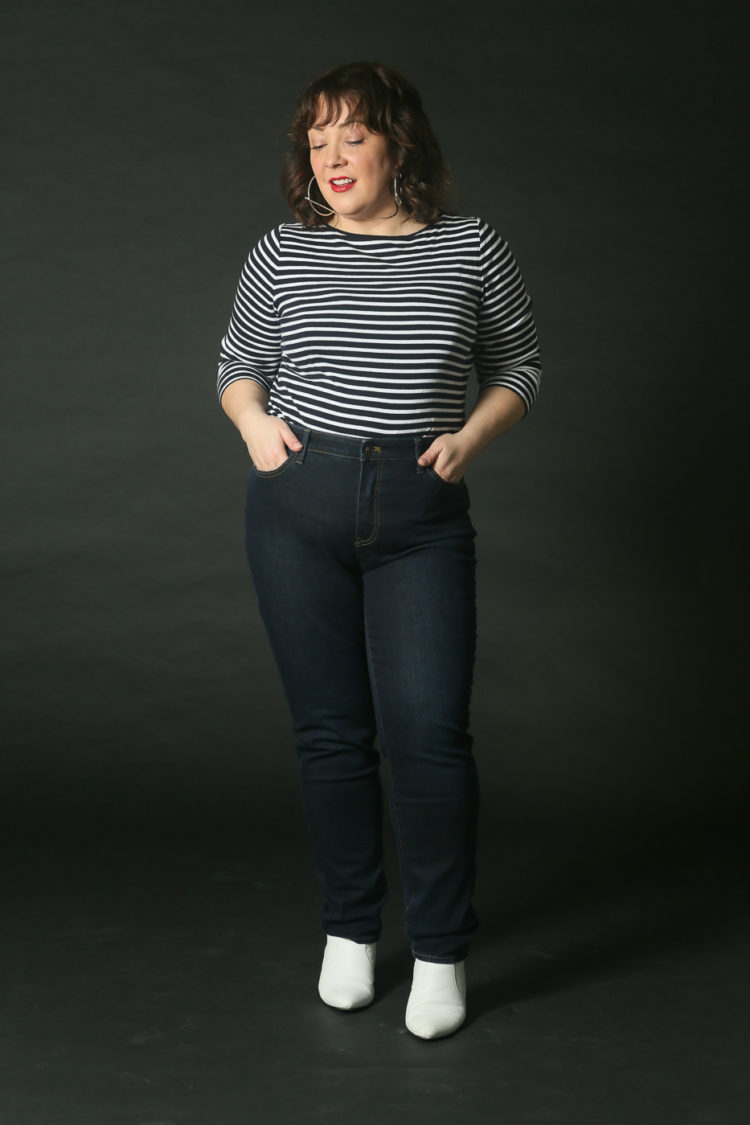 Alison wearing the talbots slim ankle jean with a striped t-shirt