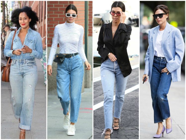 celebrities wearing mom jeans - a fall 2019 denim trend as seen on Tracee Ellis Ross, Kendall Jenner, Kourtney Kardashian, and Victoria Beckham