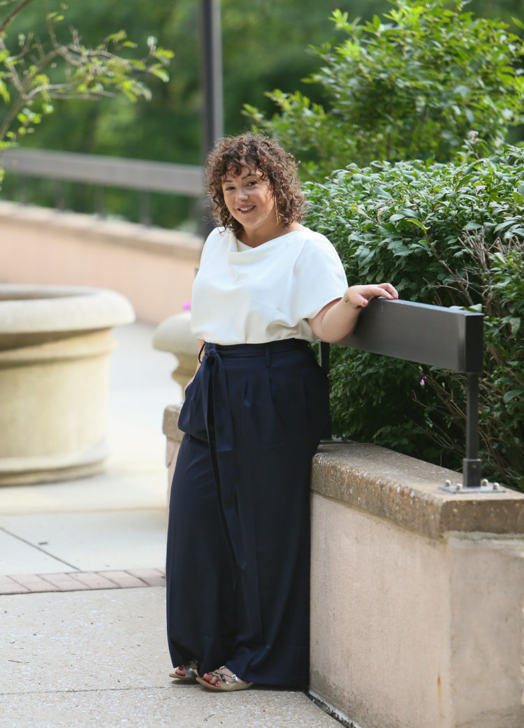 Wardrobe Oxygen in the Universal Standard Tresa Wide Leg pants and Viva Boatneck with Jenny Bird jewelry and a Clare V. Foldover Clutch 