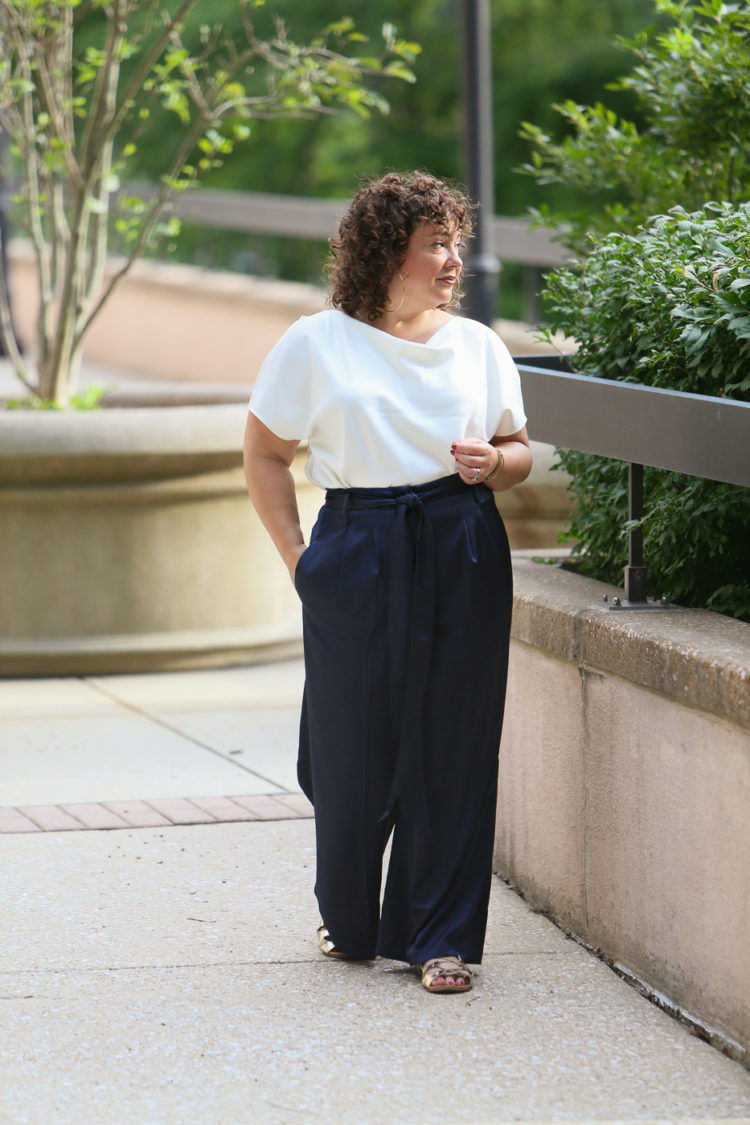 Wardrobe Oxygen in the Universal Standard Tresa Wide Leg pants and Viva Boatneck with Jenny Bird jewelry and a Clare V. Foldover Clutch
