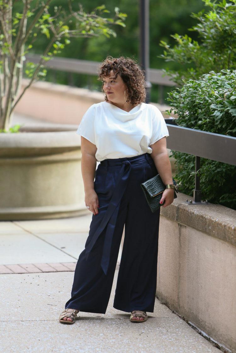 Wardrobe Oxygen in the Universal Standard Tresa Wide Leg pants and Viva Boatneck with Jenny Bird jewelry and a Clare V. Foldover Clutch 