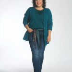 Wardrobe Oxygen trying the cabi Delight Scarf through the beltloops of the Tuxedo High Straight jeans