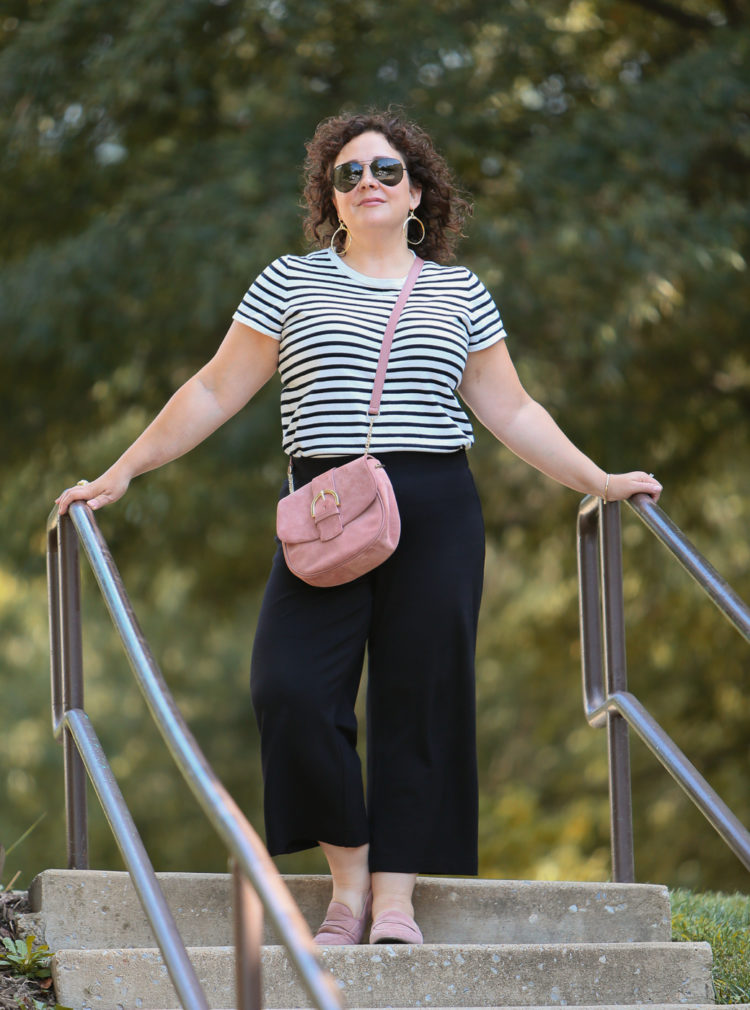 Wardrobe Oxygen in ponte wide leg cropped pants from LOFT with a striped short sleeve sweater and blush colored suede bag from Talbots