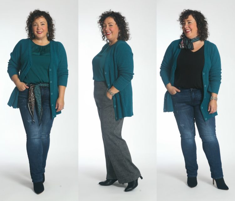 Alison Gary of Wardrobe Oxygen wearing three outfits featuring the cabi Deco Cardigan from the label's Fall 2019 collection.