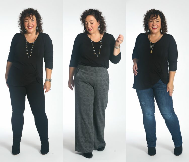 Alison Gary of Wardrobe Oxygen wearing three outfits featuring the cabi Reveal Tee from Fall 2019
