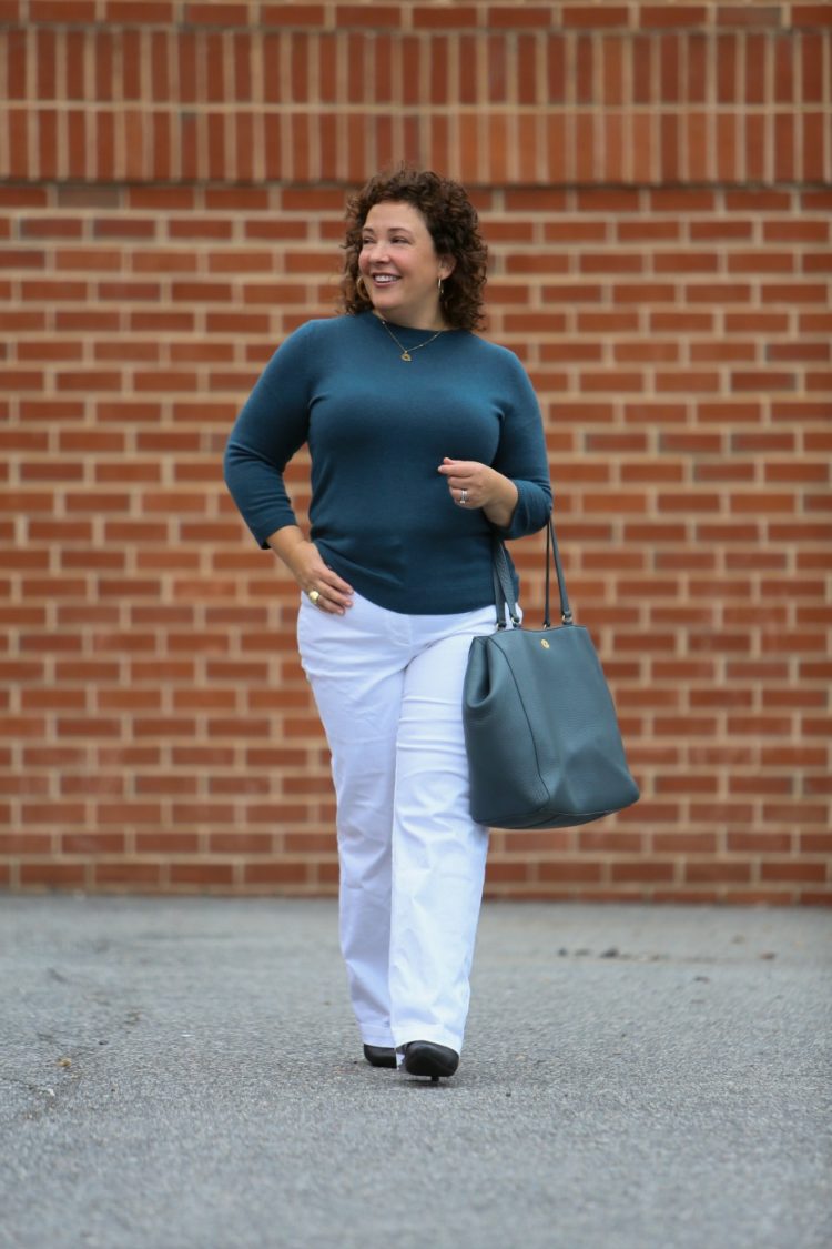 Wardrobe Oxygen dressing for faux fall in a blue coat and sweater from Talbots with white wide leg high waisted jeans