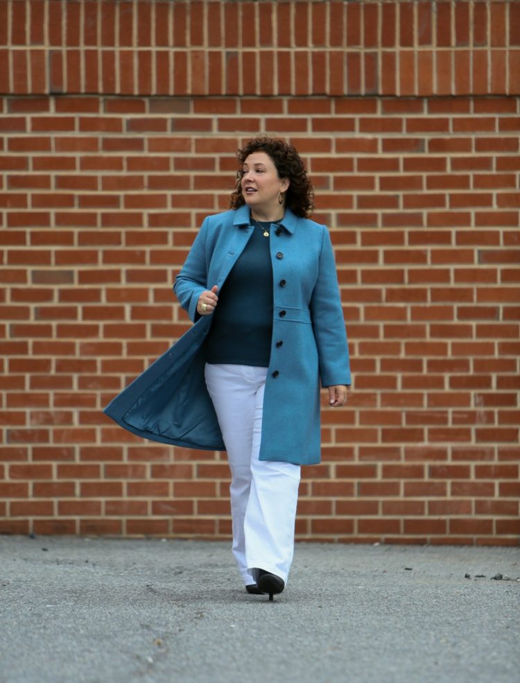 Wardrobe Oxygen dressing for faux fall in a blue coat and sweater from Talbots with white wide leg high waisted jeans