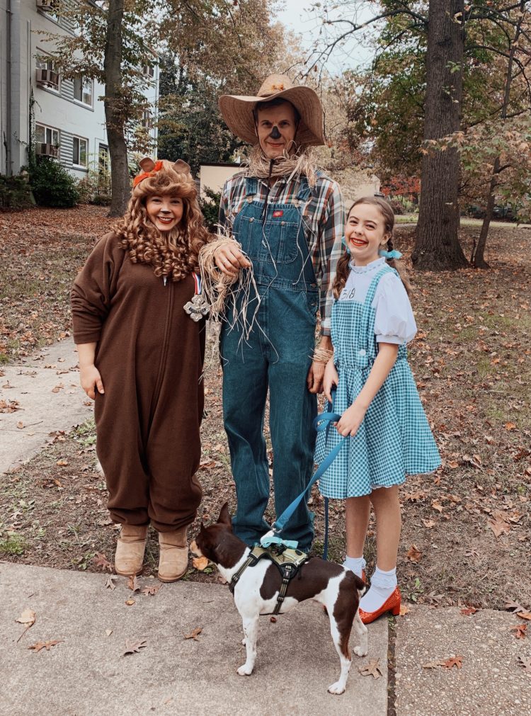 a woman dressed as the cowardly lion, young girl dressed as Dorothy Gale, man dressed as a scarecrow holding onto the leash of a small dog