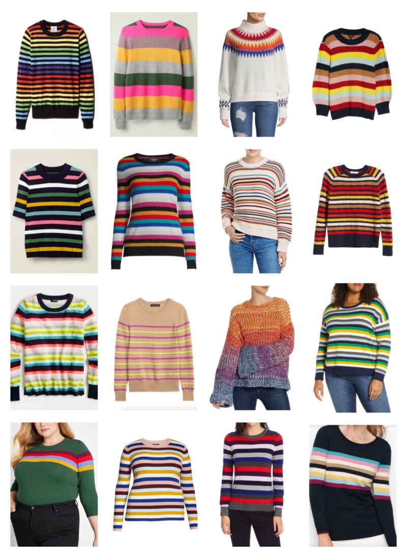 collage of 16 colorful striped sweaters for women