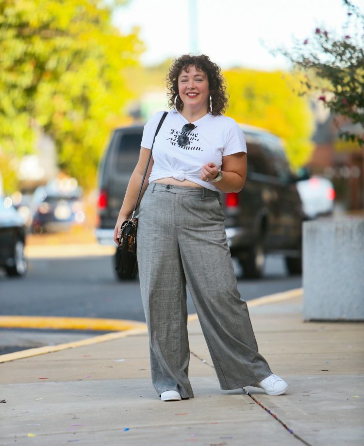 Femme t-shirt from Banana Republic with glen plaid wide-leg pants from Universal Standard as seen on Alison Gary of Wardrobe Oxygen