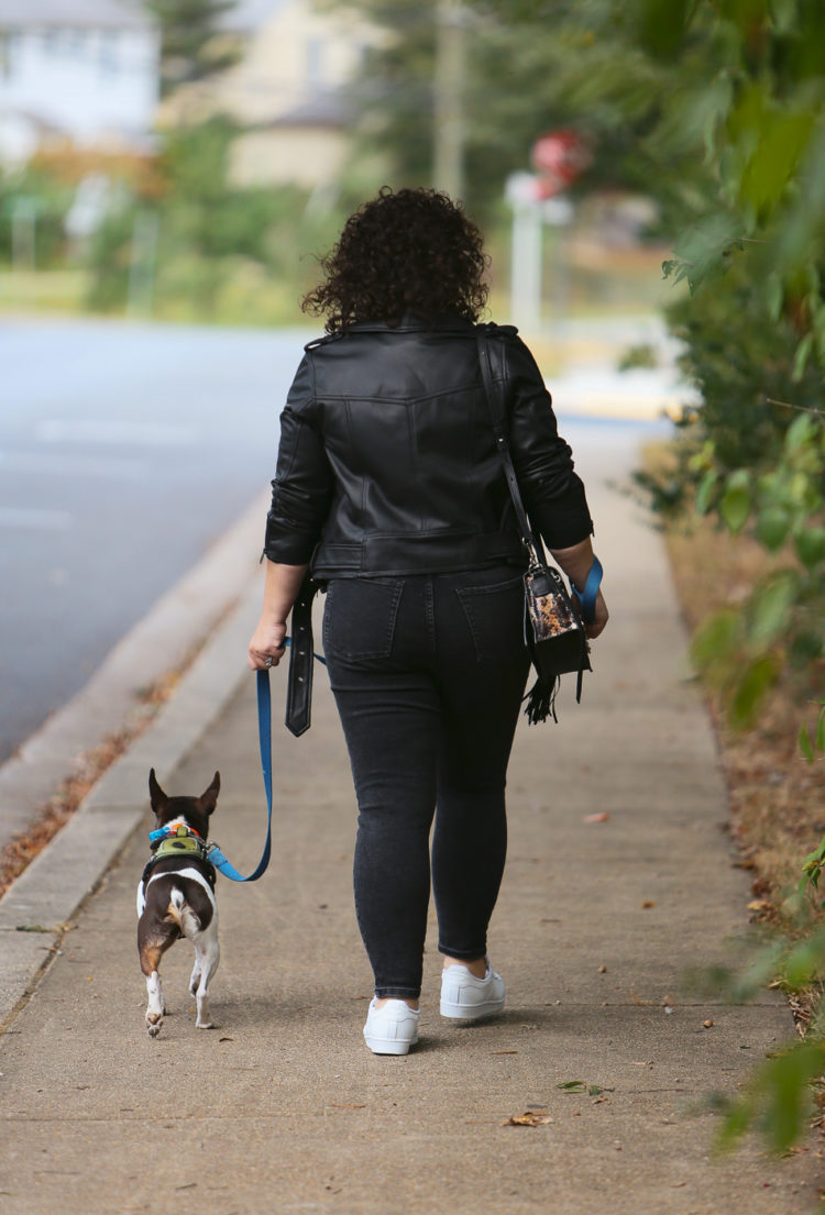 Woman walking away from the camera in a black leather jacket and gray jeans while walking a dog