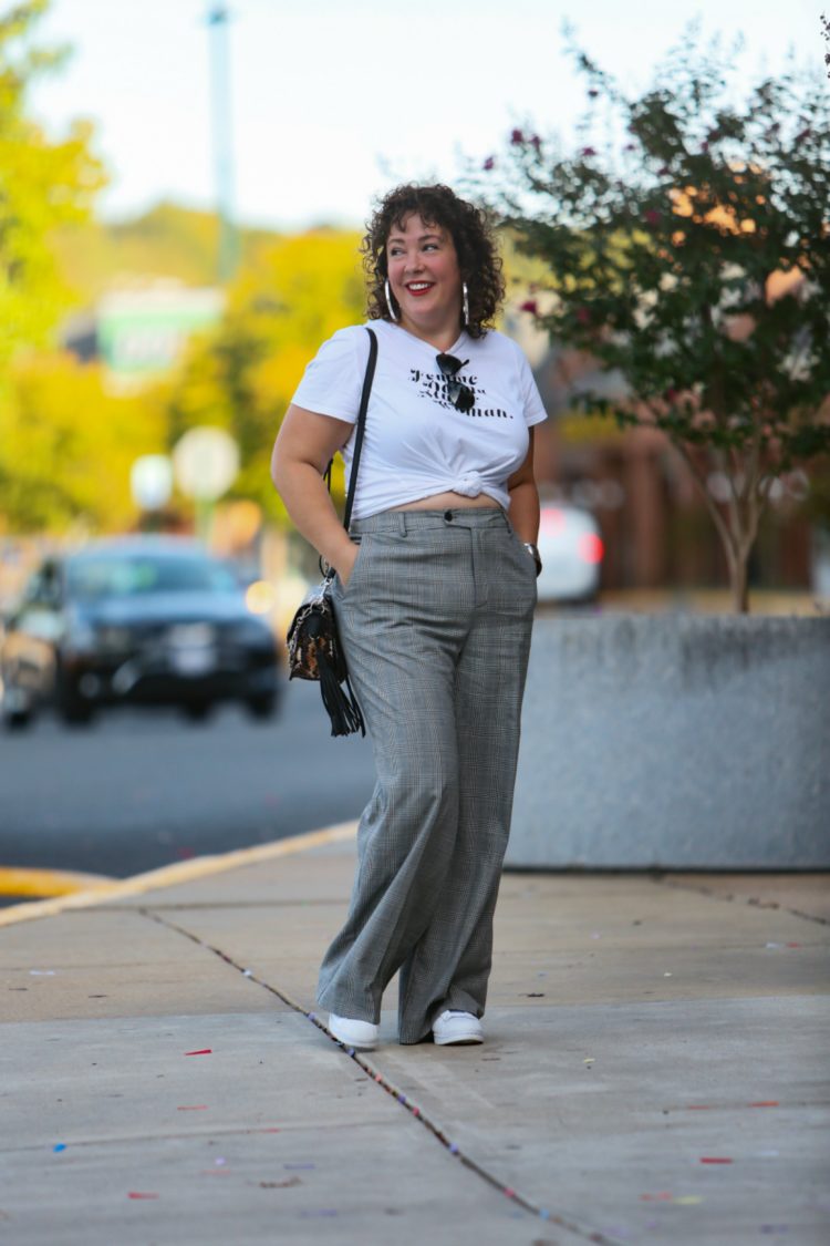 Femme t-shirt from Banana Republic with glen plaid wide-leg pants from Universal Standard as seen on Alison Gary of Wardrobe Oxygen