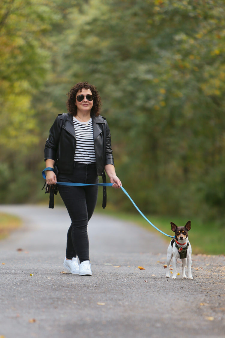 Alison in a black leather moto jacket, black and cream striped tee, gray jeans and white sneakers walking a small brown and white dog