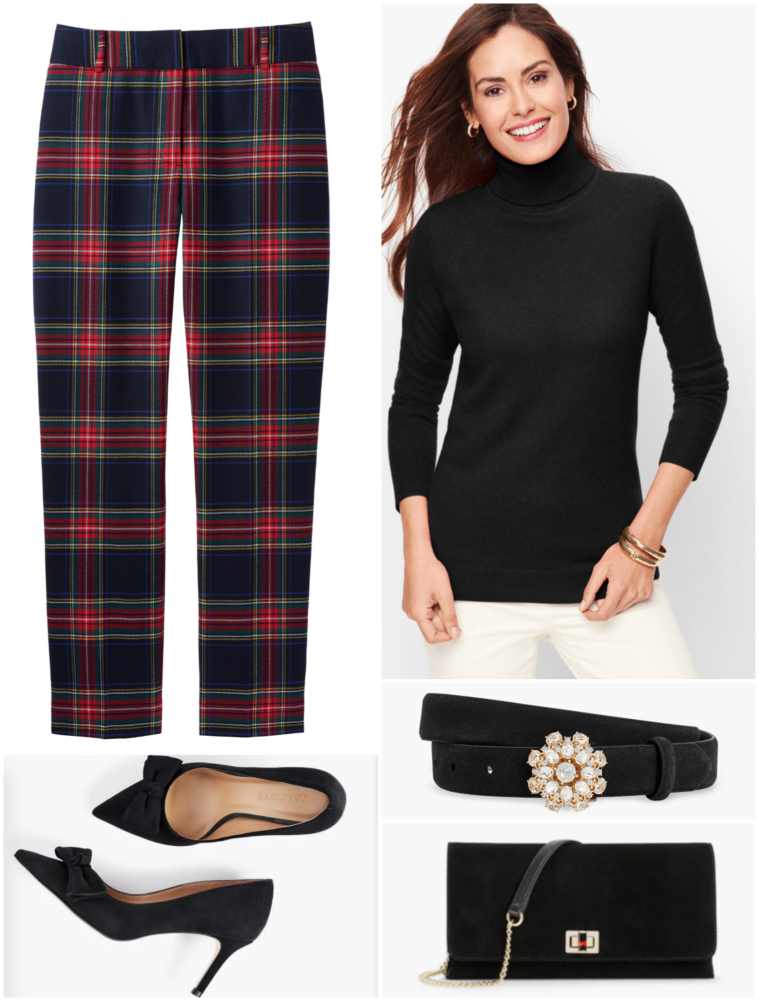 Pumps and a sparkly belt glam up a cashmere turtleneck and plaid ankle pants for a holiday party at a friend's house or at the office.