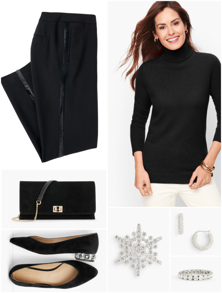 The same tuxedo trousers, now perfect for a more casual party when paired with embellished flats and a cashmere turtleneck. It's a luxe Audrey Hepburn-inspired look.