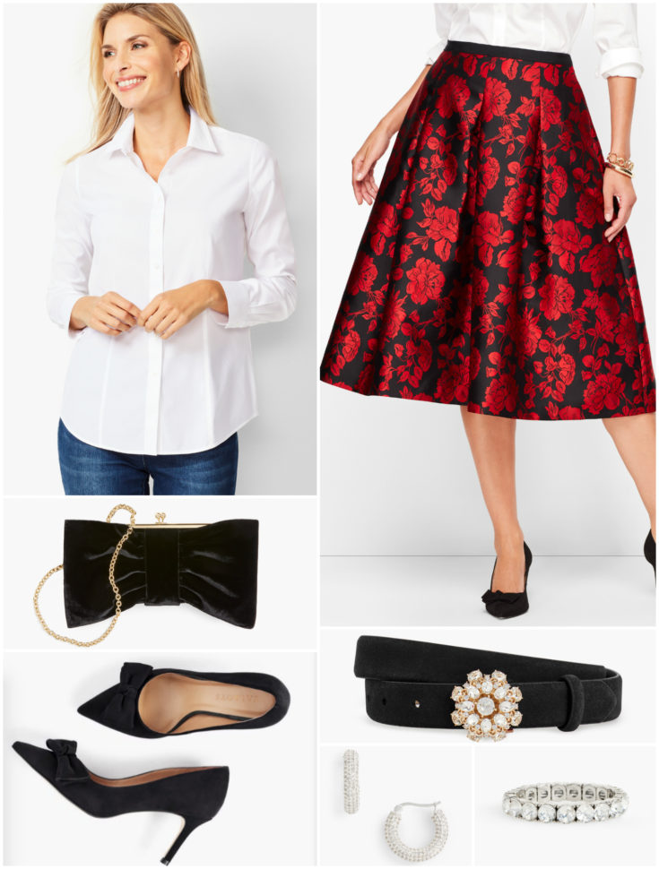 Adding a belt to the floral jacquard skirt and crisp white shirt pulls the two pieces together and highlights the waist.  Consider cuffing the sleeves and popping the collar to give a relaxed vibe.