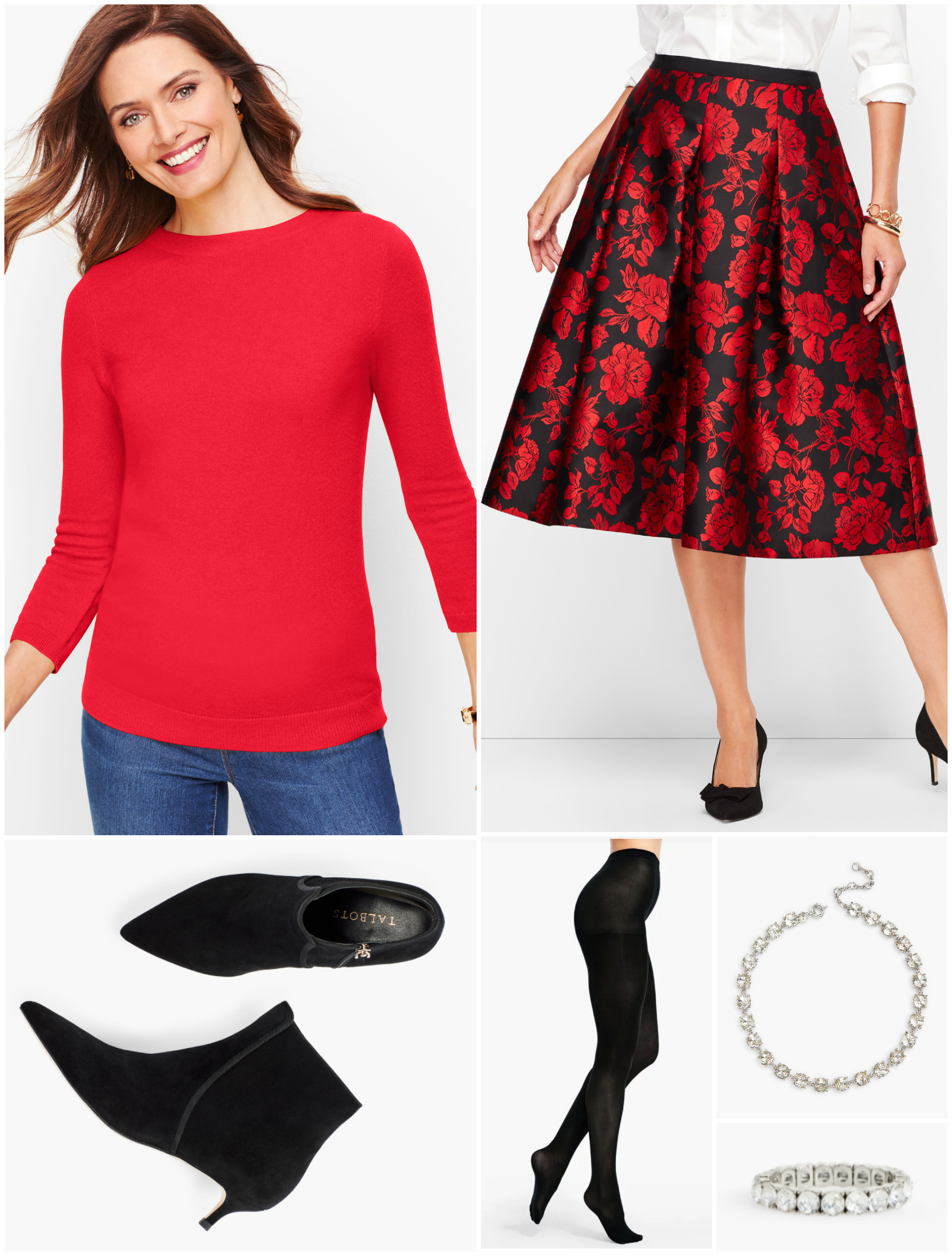 With opaque black tights and sleek suede ankle booties in the same color, a festive skirt remains formal while providing warmth.