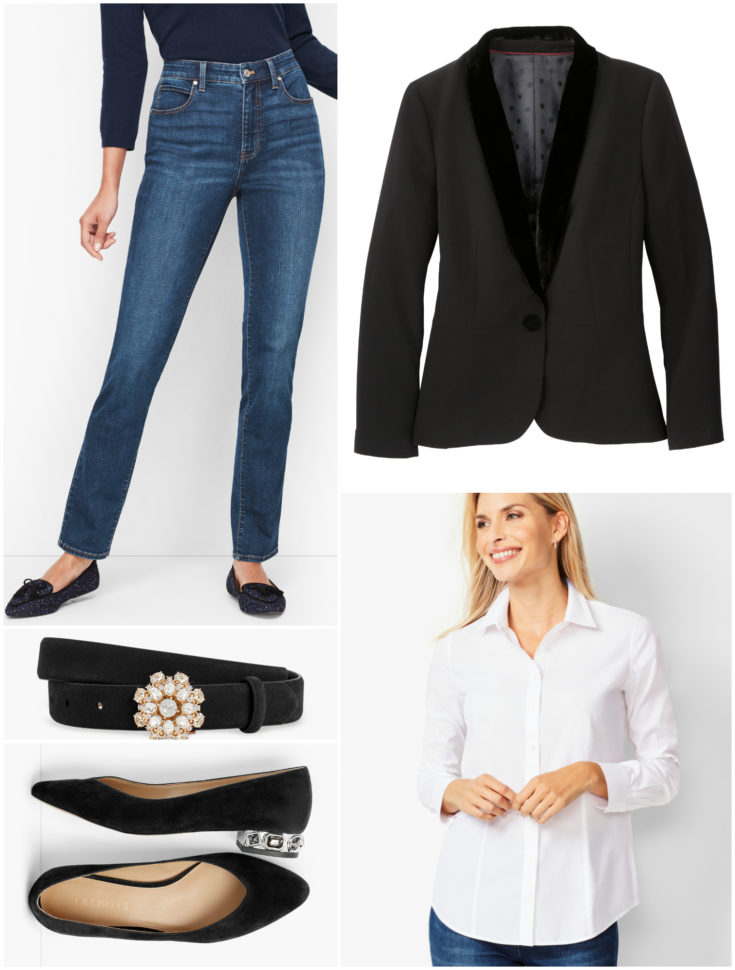 Jeans are a great piece for any capsule wardrobe, even one for the holidays.  It tones down a tuxedo jacket to feel just right for a company holiday happy hour or cocktails at a neighbor's home.