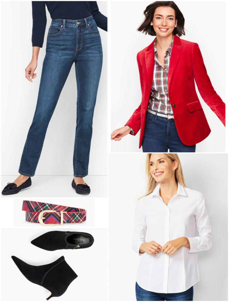 Switch out the tuxedo jacket for a red velvet blazer and use more casual accessories for a festive weekend or Casual Friday look.