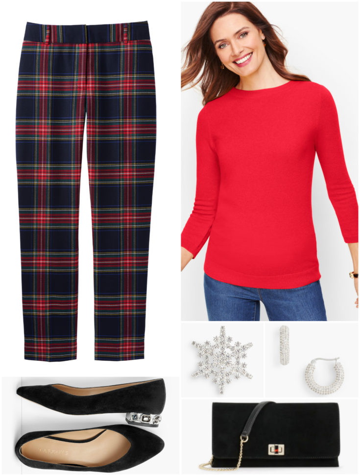 By switching to a red sweater and flats, the look is more relaxed while being more festive.  A snowflake-shaped crystal brooch creates a winter holiday feel