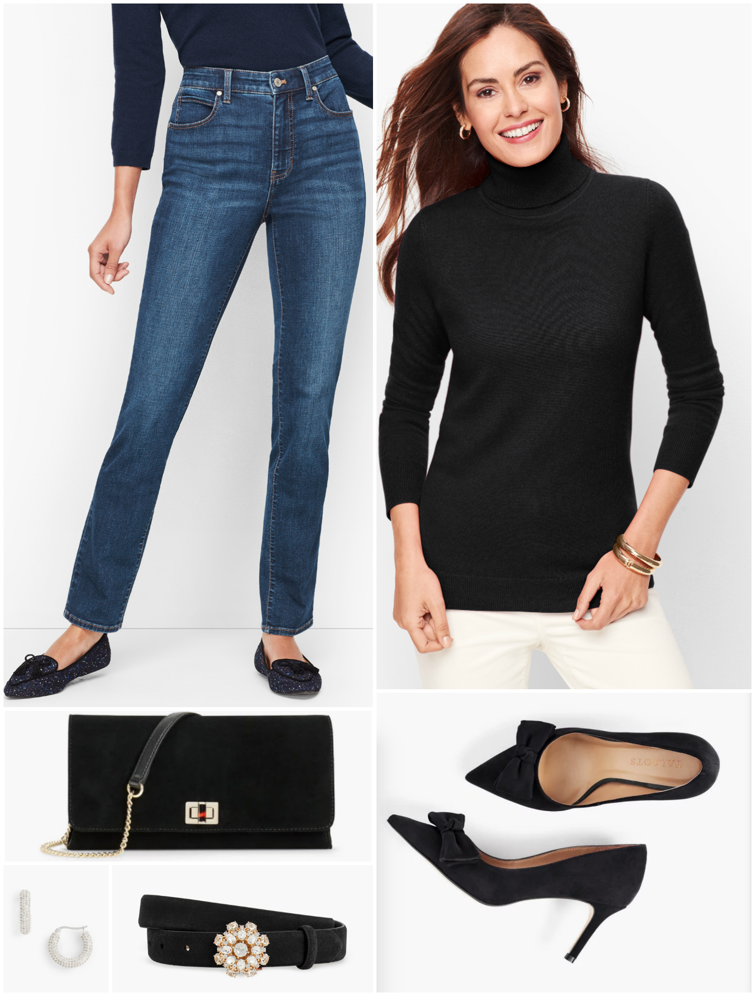 Who says you need to wear a "holiday" color to look festive?  Just by adding glam accessories to this classic ensemble of jeans and a cashmere turtleneck, this outfit is perfect for the season!