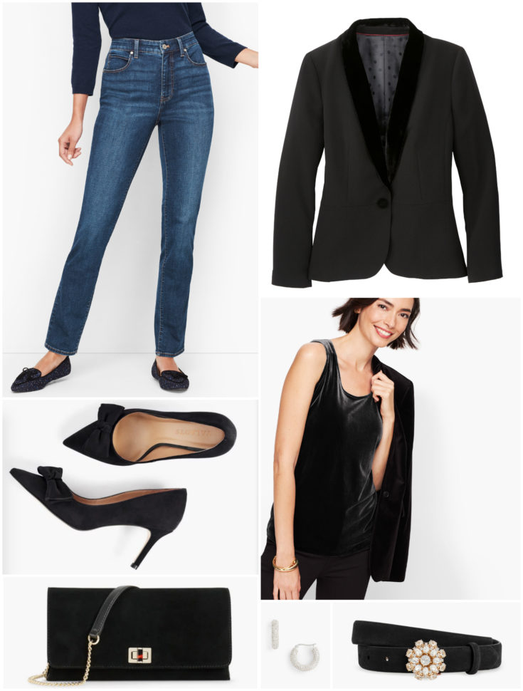 There's nothing chicer than pairing high with low.  Dress down a tuxedo jacket and heels with a pair of classic denim for Date Night, Girl's Night, or a holiday happy hour.
