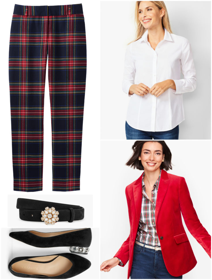 A festive pantsuit is created by adding a red velvet blazer.  Push up the sleeves and unbutton the first two buttons of the shirt for a more relaxed vibe.