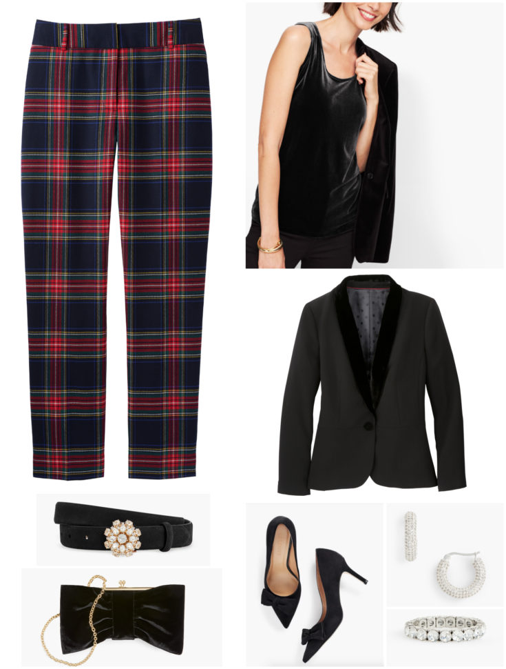 Plaid goes glam when paired with a velvet tank and tuxedo jacket with velvet lapels.  Sparkly crystal jewelry and a velvet clutch finish the look.