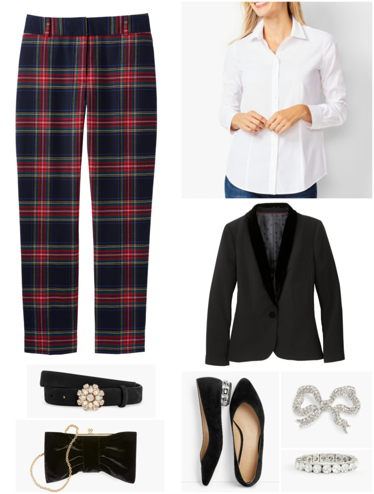 By switching out the pumps and velvet tank for a crisp white shirt and embellished flats, the plaid pants still look elegant but not as formal.