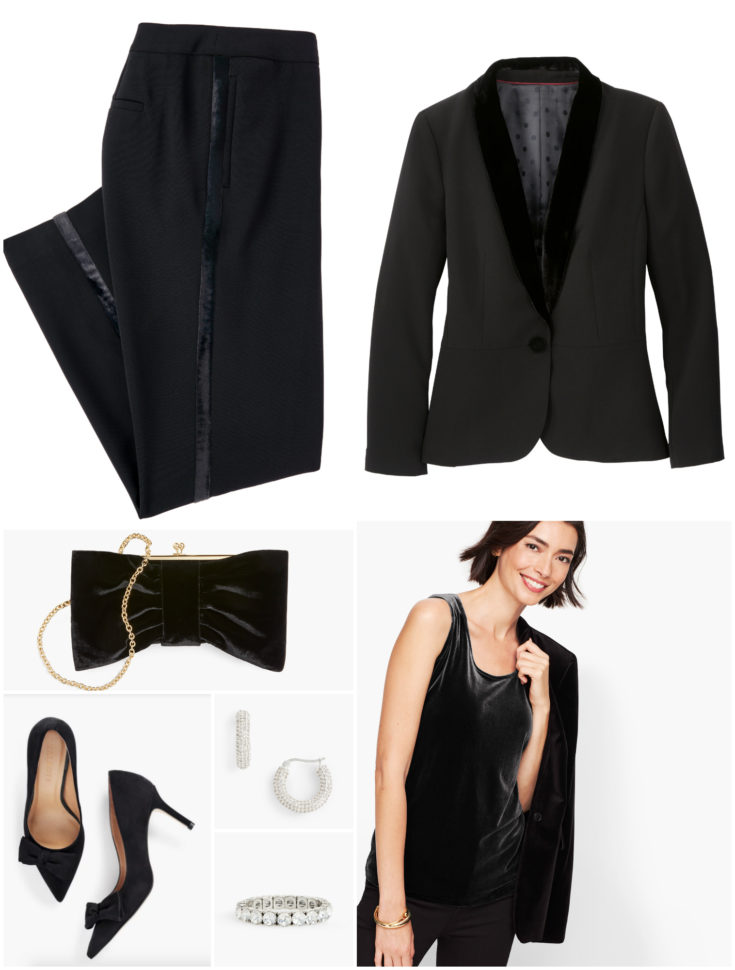 Elegant and formal, the lady tux or cocktail pantsuit is a perfect holiday choice.  With a velvet tank, you have enough subtle shine to keep jewelry toa minimum.