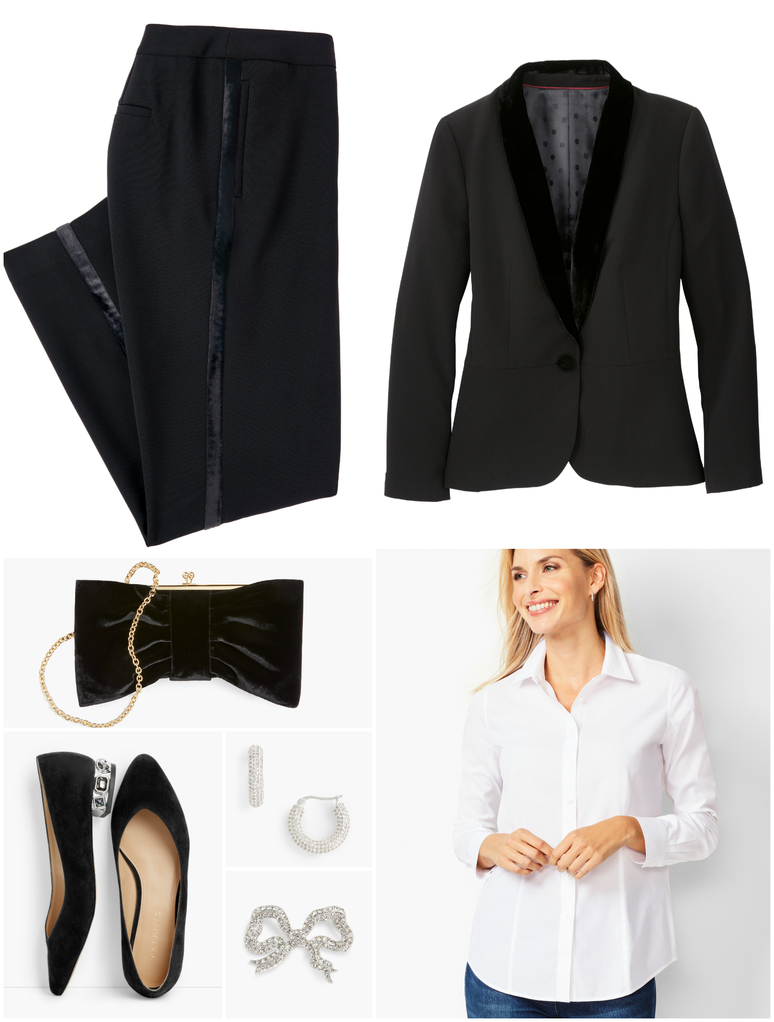By switching out the velvet tank for a white shirt, you create a look that is more menswear-inspired but just as elegant.  Button up the shirt and pin the brooch at the top to replicate a bow tie.