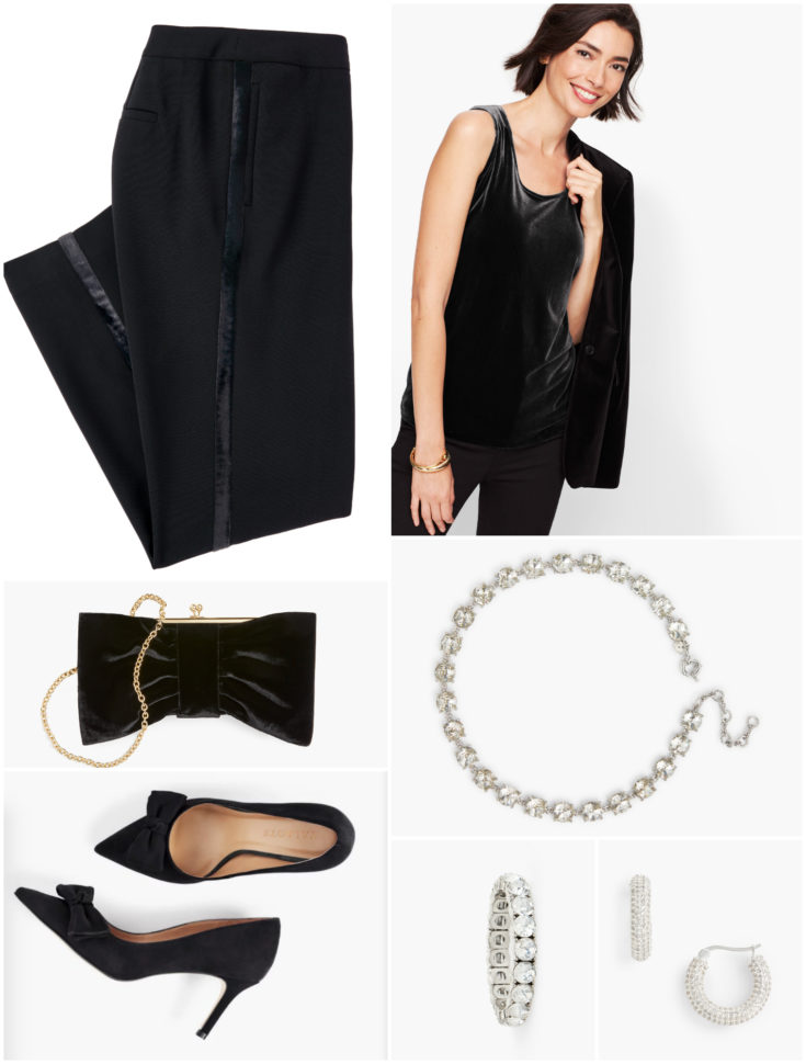 With great-fitting tuxedo trousers and a soft velvet tank with drape, it's a complete look without a jacket.  Add plenty of sparkly crystal jewelry and heels for formality.