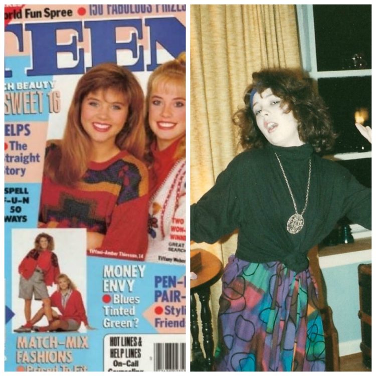 Collag of the front of Teen magazine featuring Tiffani Amber-Theissen and a photo of a middle schooler with brown layered wavy hair