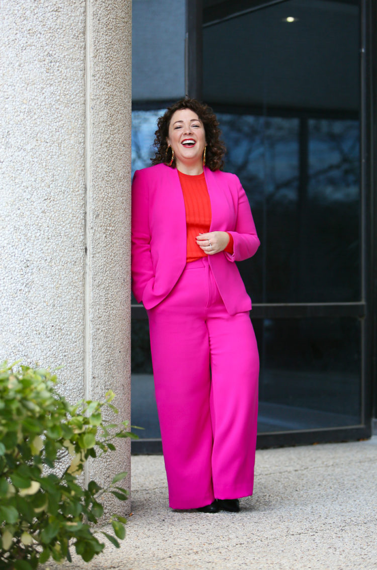 hot pink wide leg pantsuit from Banana Republic with an orange red merino wool crewneck sweater and leopard faux fur coat as seen on over 40 fashion blogger wardrobe oxygen