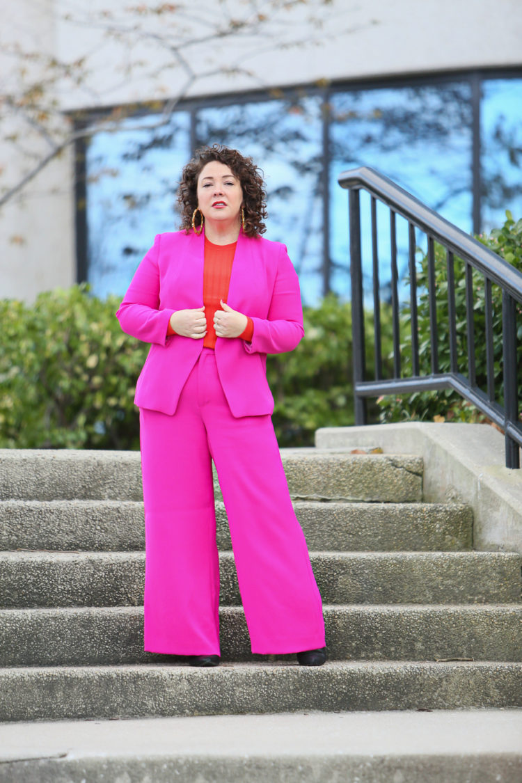 hot pink wide leg pantsuit from Banana Republic with an orange red merino wool crewneck sweater and leopard faux fur coat as seen on over 40 fashion blogger wardrobe oxygen