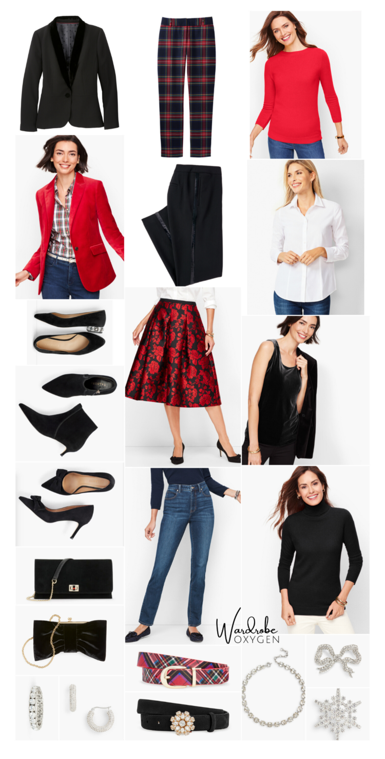 collage of clothing for a holiday capsule wardrobe created from Talbots fashion