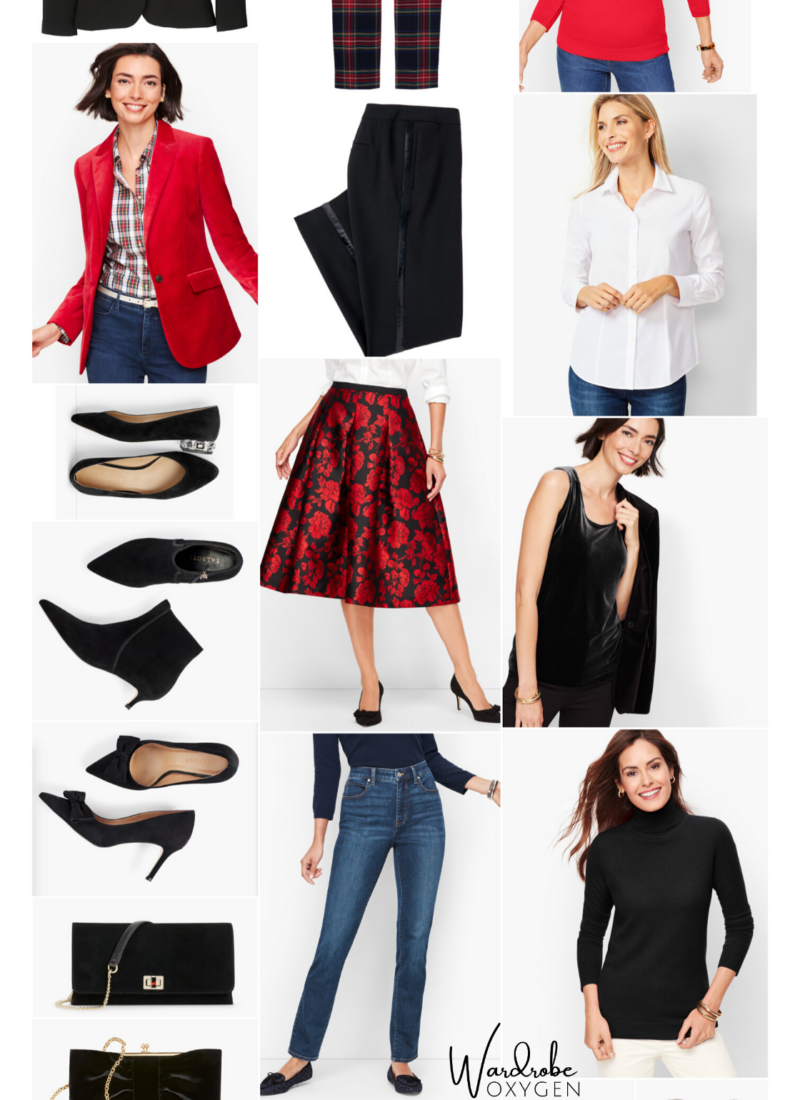 collage of clothing for a holiday capsule wardrobe created from Talbots fashion