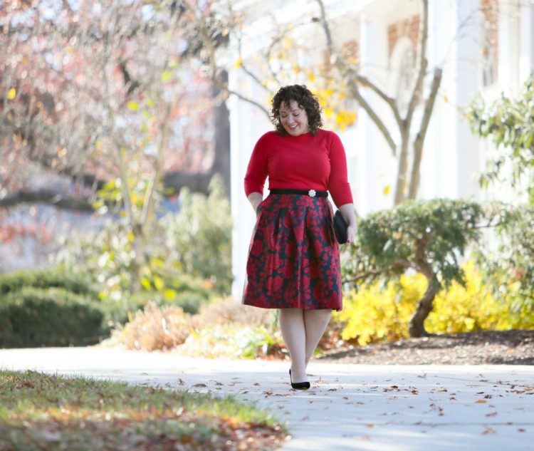 talbots red floral jacquard skirt