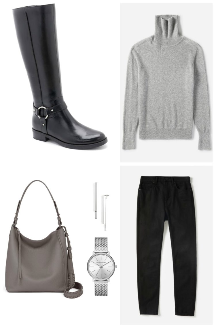 collage of black knee high boots styled with a gray sweater and bag