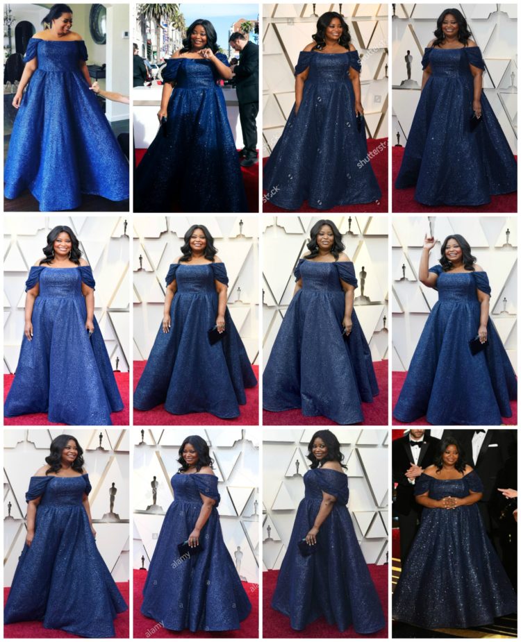 Collage of Octavia Spencer at the 2019 Academy Awards in an Oscar gown designed by Christian Siriano