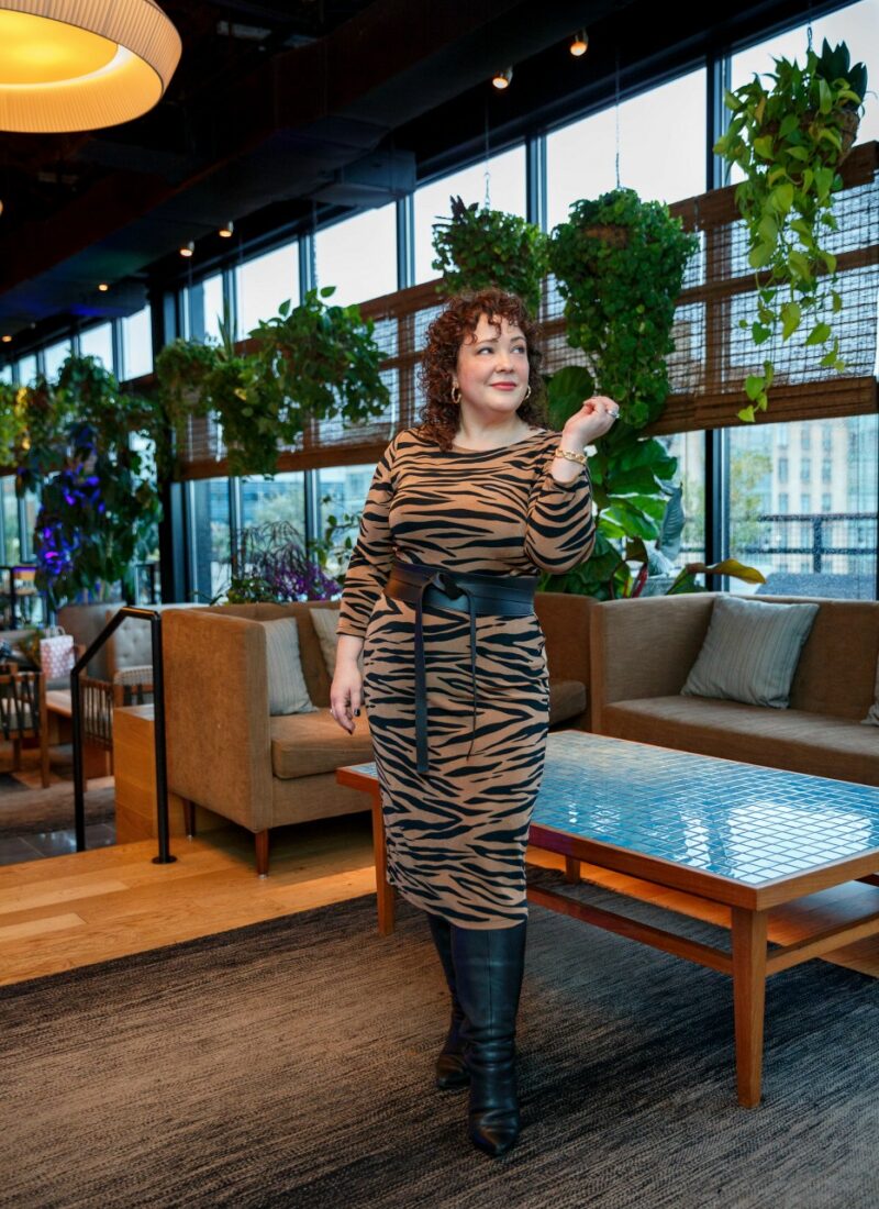 Wardrobe Oxygen in a tiger print belted dress from Chico's Safari Chic collection