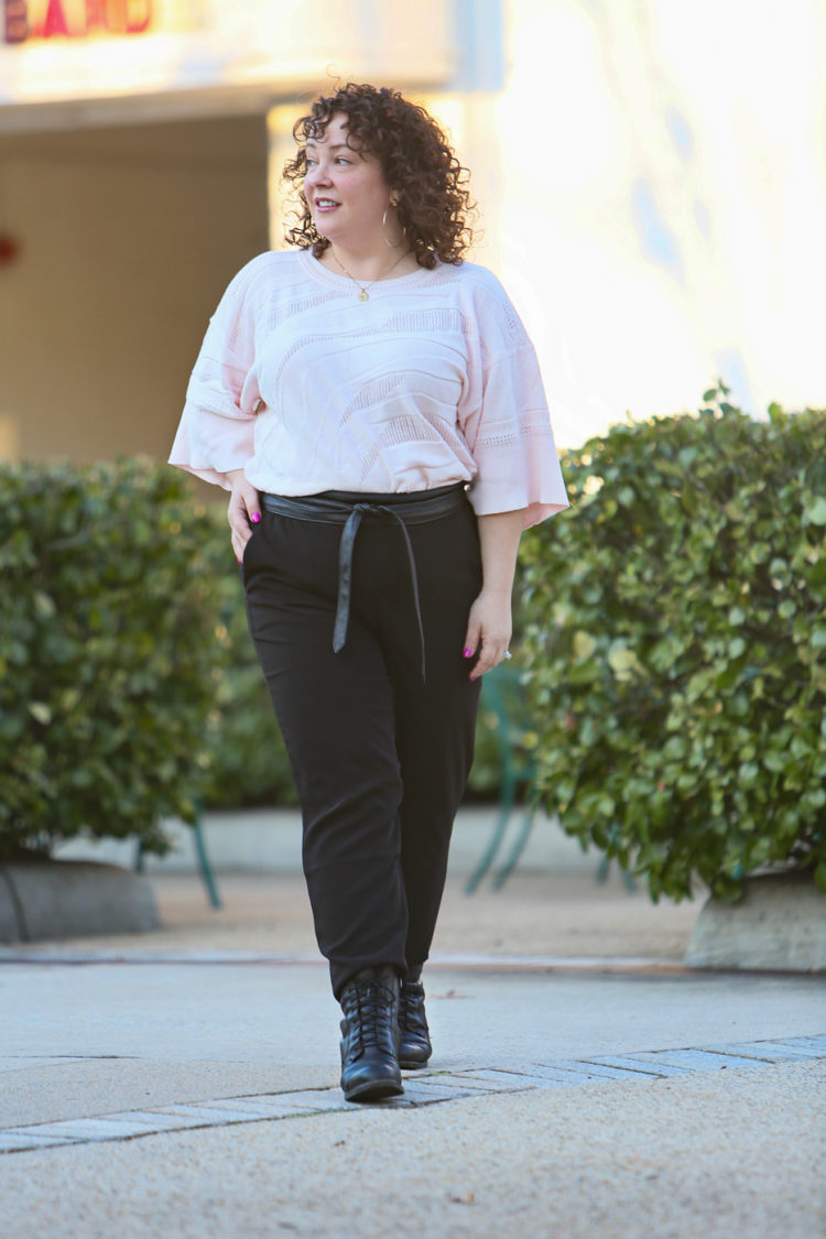 The petal pink cabi Shy Pullover with Chico's matte jersey joggers and an obi belt on Wardrobe Oxygen