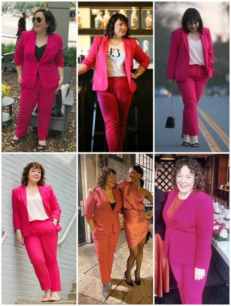 how to style a pink pantsuit