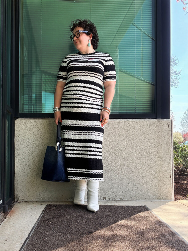 alison gary of wardrobe oxygen in a black and ivory pointelle sweater and skirt from ann taylor